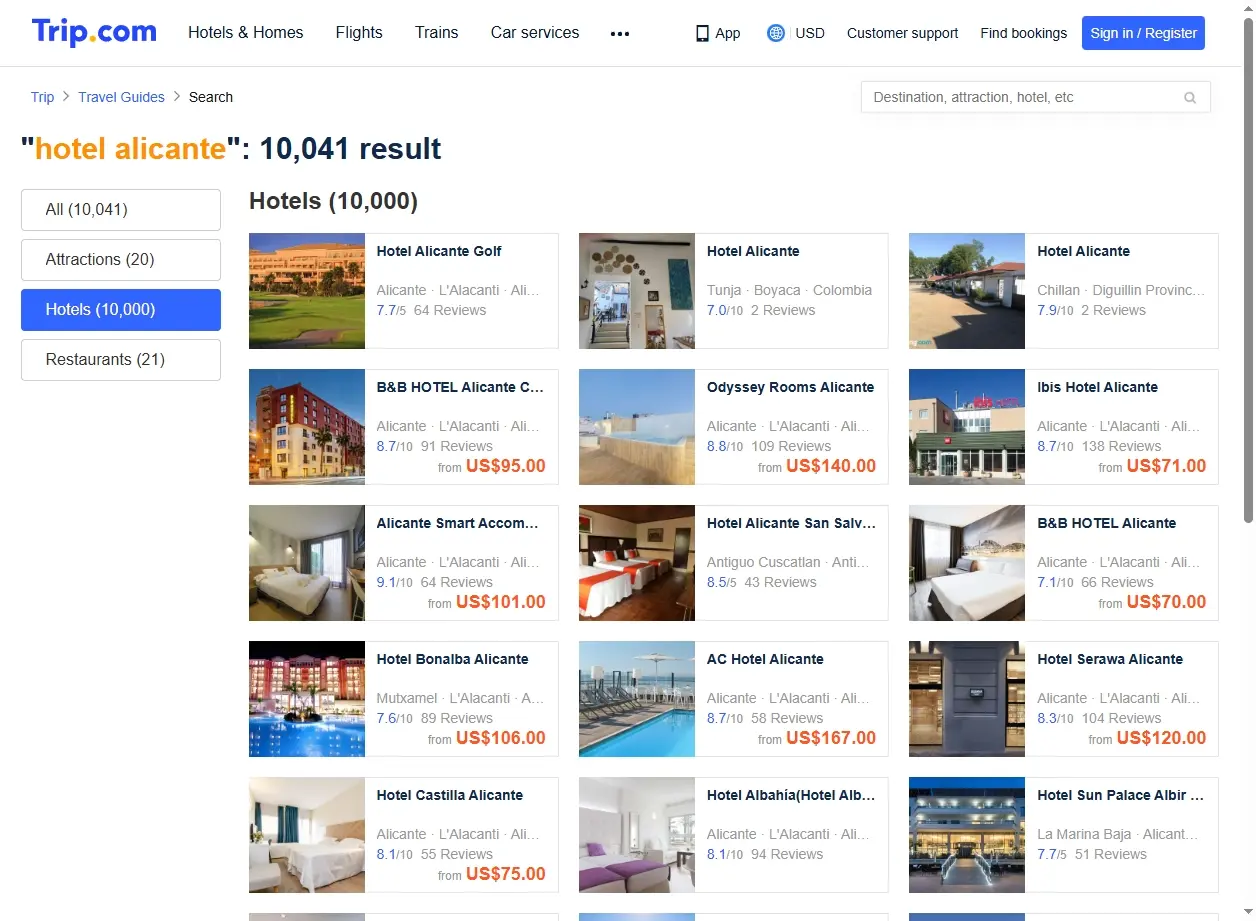 Interface de recherche d'hôtels montrant les meilleures offres pour hotel alicante