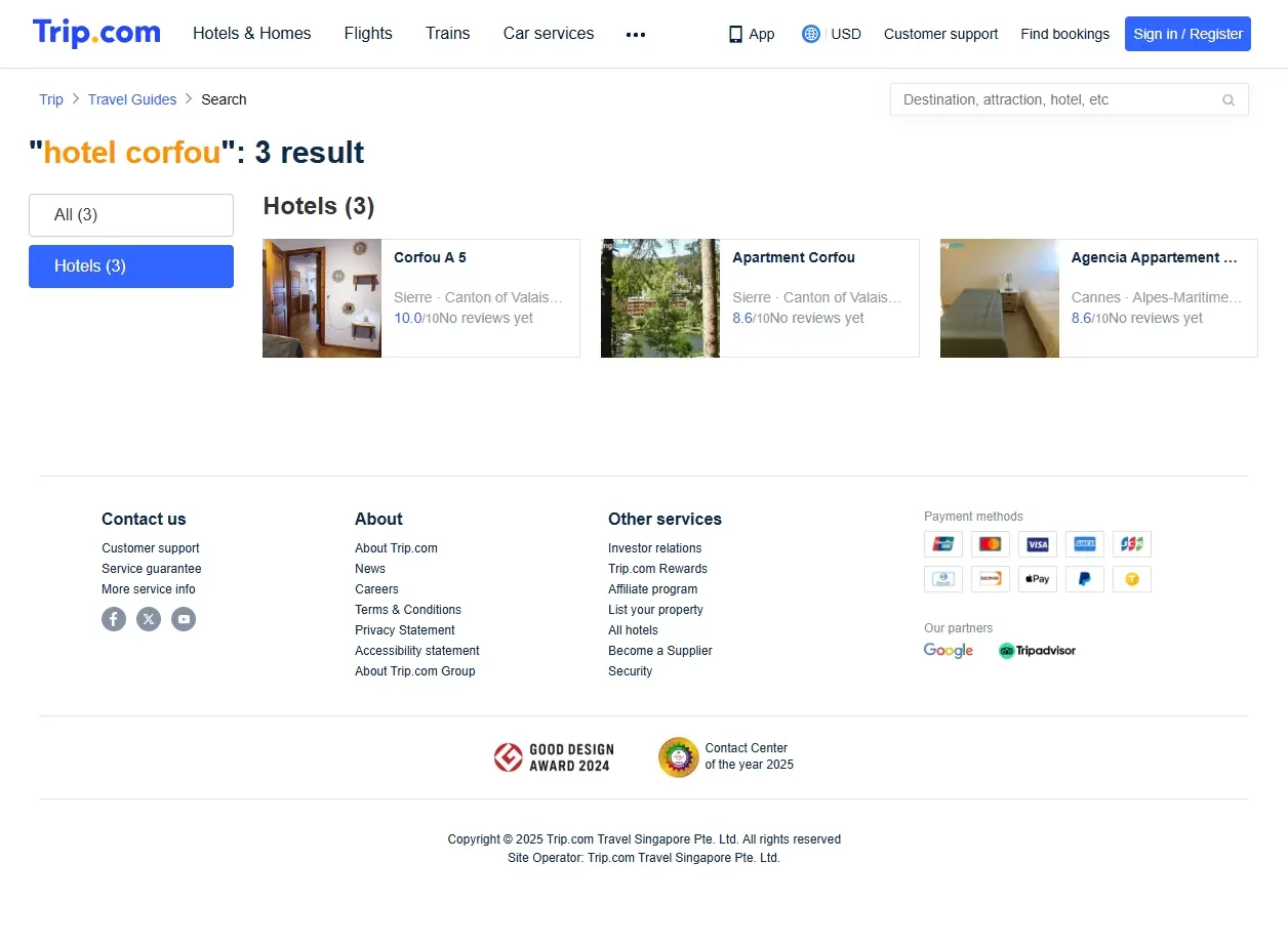 Capture d'écran de la page de réservation d'hôtels avec des offres pour Corfou.