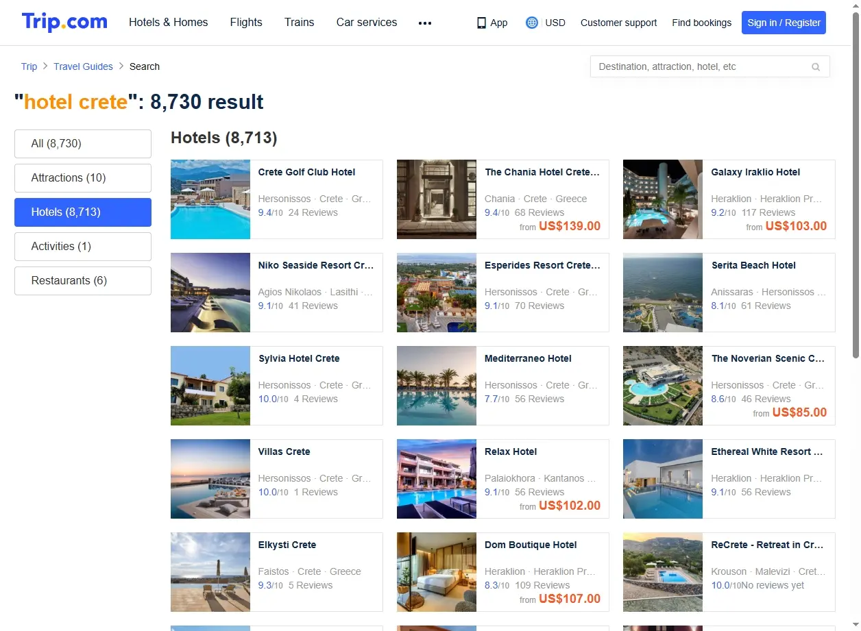 Offres spéciales d'hôtels en Crète sur Trip.com