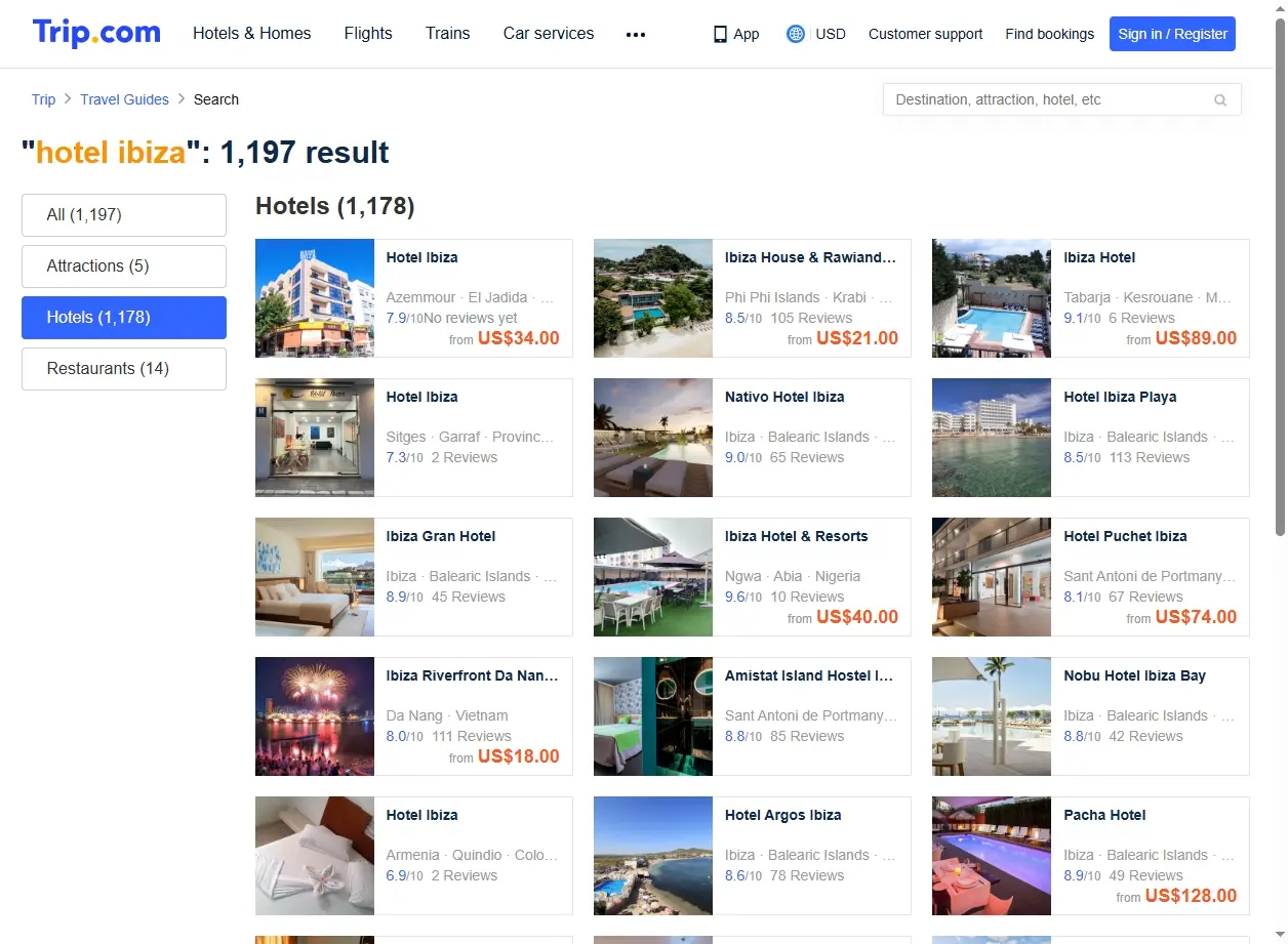 Capture d'écran de promotions d'hôtels à Ibiza sur un site de réservation.