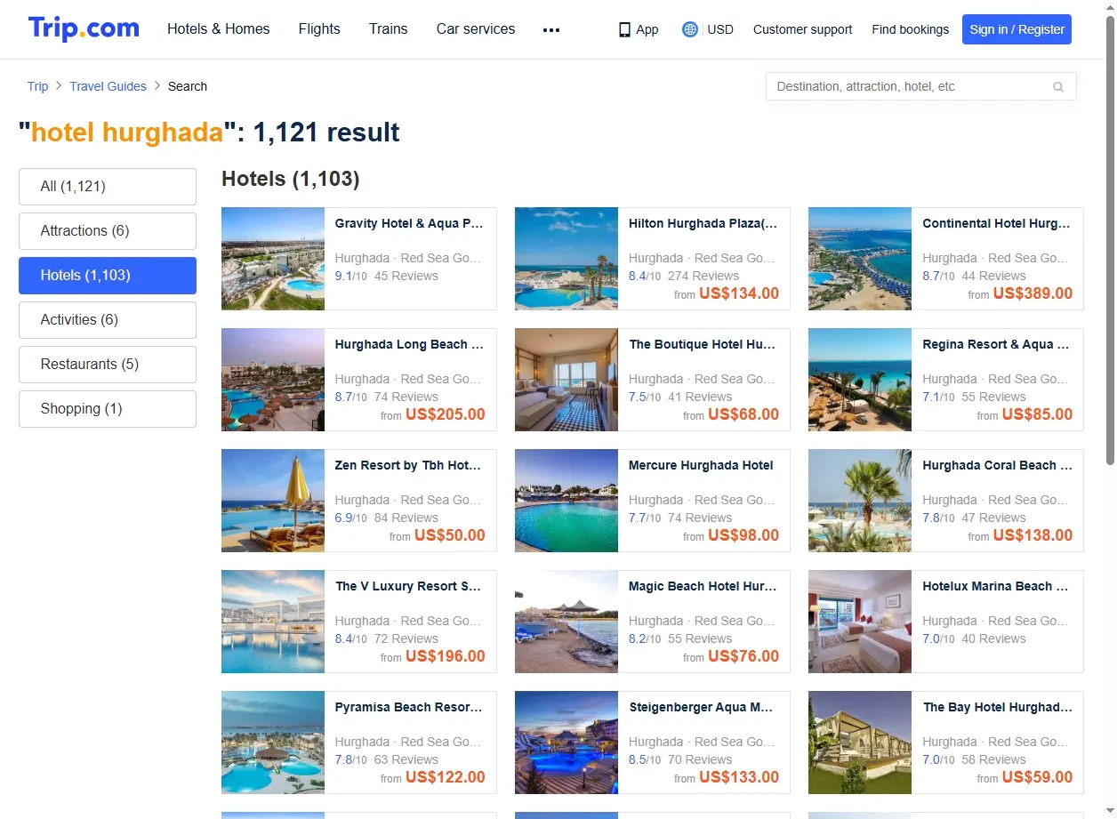 Capture d'écran de la recherche d'offres d'hôtels pour Hurghada sur Trip.com