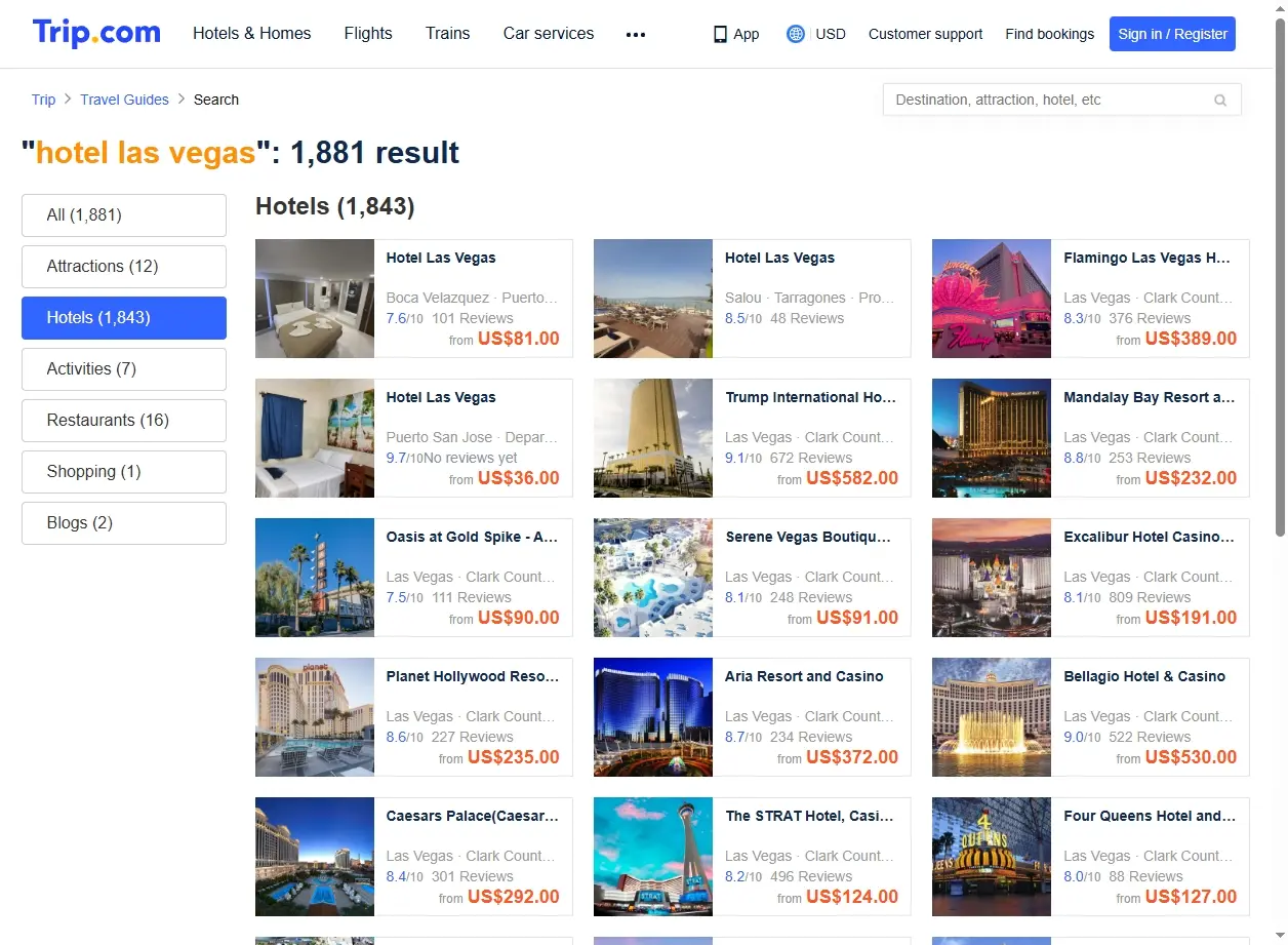 Capture d'écran de l'interface de recherche d'hôtels pour Las Vegas