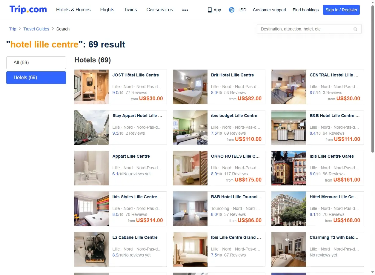 Capture d'écran de Trip.com montrant des offres d'hôtels à Lille