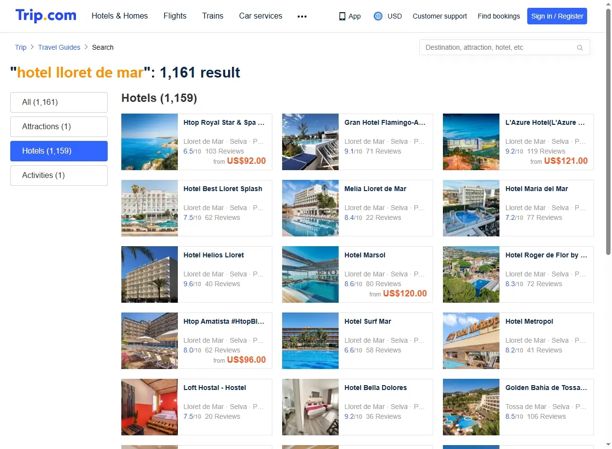Capture d'écran de l'interface de recherche d'hôtels montrant des offres pour Lloret de Mar.