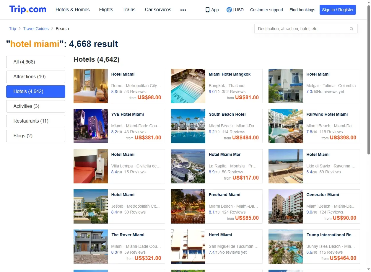 Capture d'écran de Trip.com montrant des offres spéciales d'hôtels à Miami
