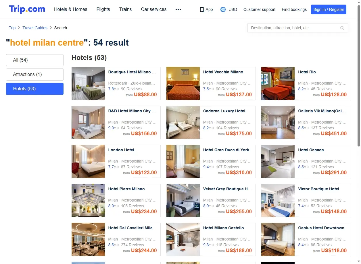 Capture d'écran de Trip.com montrant des offres d'hôtels à Milan.